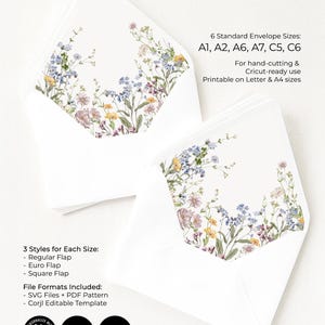Plantilla para forro de sobre con diseño de flores silvestres: Imprimible para hacer tú mismo en tamaños A7, Euro y Cuadrado (Descarga digital) D002 imagen 8