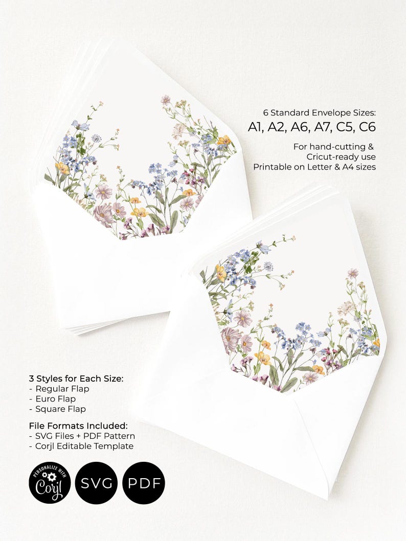 Plantilla para forro de sobre con diseño de flores silvestres: Imprimible para hacer tú mismo en tamaños A7, Euro y Cuadrado (Descarga digital) D002 imagen 8