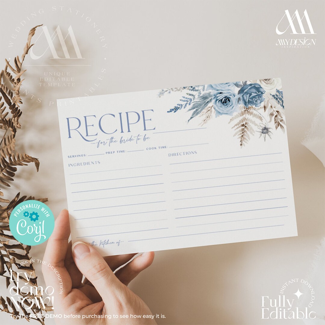 Editable Recipe Card Template, Dusty Blue Bridal Shower Recipe Cards