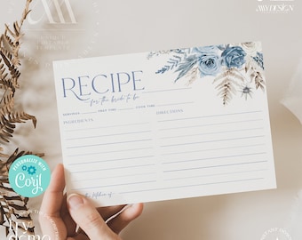 Modello di scheda ricetta modificabile, Schede ricetta per addio al nubilato blu polvere stampabili B012