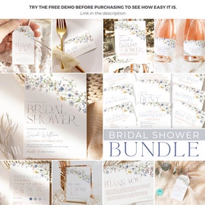 Wildflower bridal shower bundle, Floral bridal shower invitations template, Shower Bundle Corjl Template B016