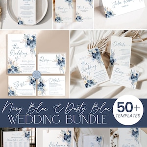 Navy and Dusty Blue Wedding Invitation Bundle, 50+ Templates Mega Wedding Stationery Set, Boho Floral Invite Suite E129