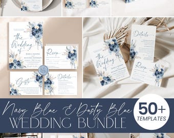 Navy and Dusty Blue Wedding Invitation Bundle, 50+ Templates Mega Wedding Stationery Set, Boho Floral Invite Suite E129