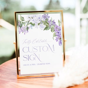 Lilac Purple Custom Sign Template, Editable Purple Floral personalized Sign, Lilac Shower Sign, Wedding Table Number Sign Printable  B001