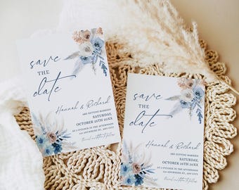 Puede incluir: Dos tarjetas rectangulares blancas de tipo save the date con ilustraciones florales en azul y beige. El texto dice: Save the date, Hannah & Richard are getting married, Saturday, October 25th 20XX, at 3 o'clock in the afternoon, 123 anywhere st., any city.