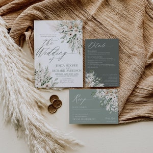 May include: A set of three wedding invitation cards with a watercolor floral design. The main card features the text "The Wedding of Jessica Hooper and Richard Anderson" with the date and time of the wedding. The second card has the text "Details" and includes information about transportation, reception venue, and accommodations. The third card is a RSVP card with the text "RSVP" and space for guests to provide their names and dietary requirements.