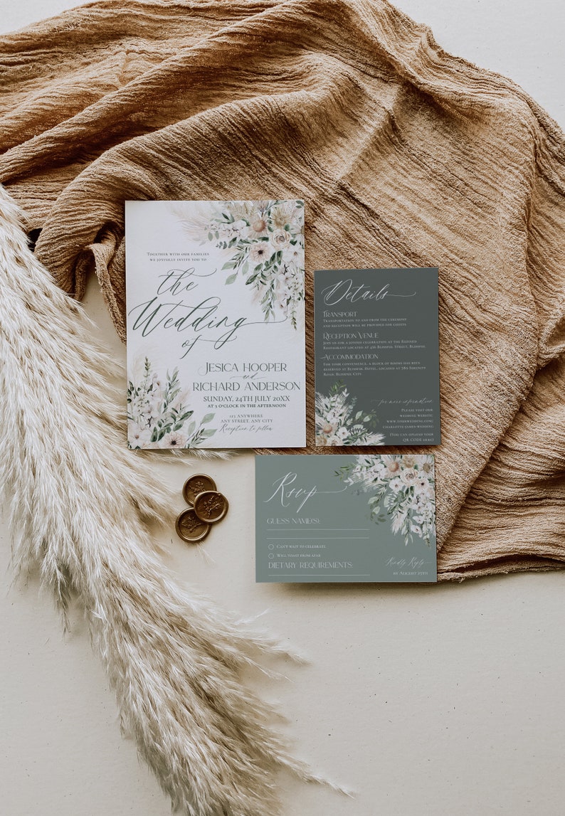 May include: A set of three wedding invitation cards with a watercolor floral design. The main card features the text "The Wedding of Jessica Hooper and Richard Anderson" with the date and time of the wedding. The second card has the text "Details" and includes information about transportation, reception venue, and accommodations. The third card is a RSVP card with the text "RSVP" and space for guests to provide their names and dietary requirements.