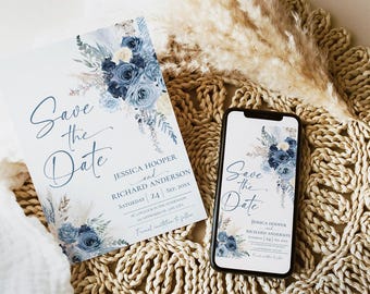 Dusty Blue Save the Date Template, Boho Floral Save the Date, Wedding Announcement, Pampas Grass Navy Blue Wedding Editable Printable E129