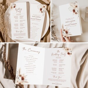 May include: A wedding ceremony program with a floral design featuring dried pampas grass and flowers in shades of brown, white, and red. The program includes the order of events for the ceremony and the wedding party.