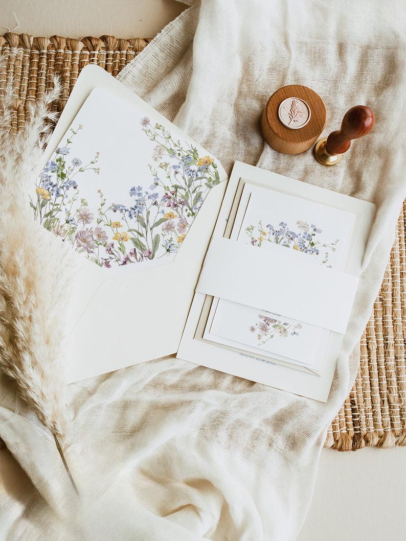 Wildflower Envelope Liner Template, DIY Envelope Liner A7 Euro Flap, Square Flap Envelope Liner Template Wedding Printable Bundle