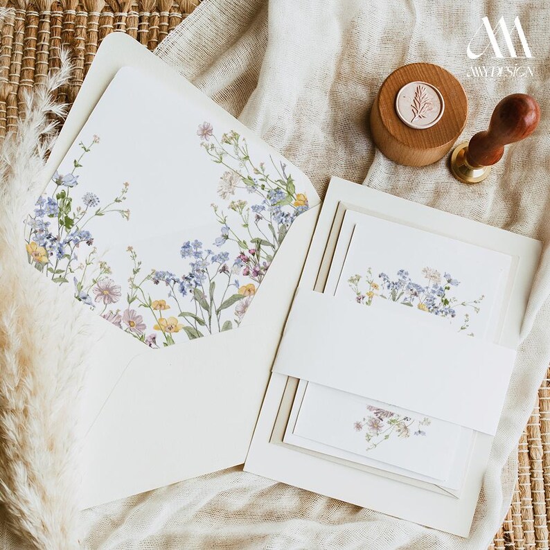 Wildflower Envelope Liner Template, DIY Envelope Liner A7 Euro Flap, Square Flap Envelope Liner Template Wedding Printable Bundle