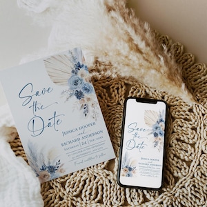Cartões de reserva de data de casamento boho, modelo de reserva de data de casamento azul com foto, modelo de reserva de data de foto D030