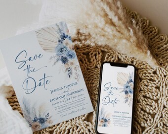 Boho Wedding Save the Date Template: Blue Floral Photo Card (Digital Download) D030