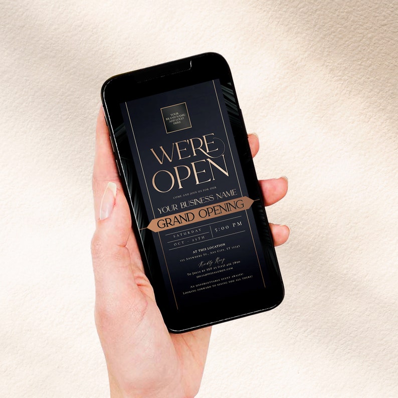 Editable business invitation template for grand openings, with “We’re Open” headline and a clean, modern aesthetic.