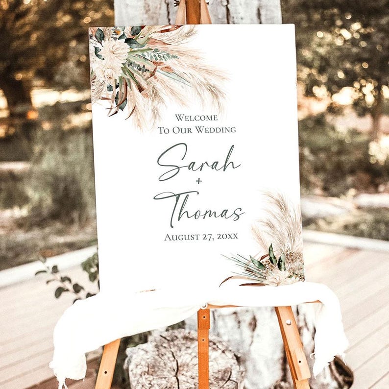 Bohemian Green Pampas Wedding Welcome Sign Template, Welcome To Our Wedding, Rustic Boho Wedding Signage Template E008