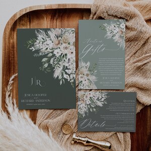 May include: A set of three wedding invitation cards with a green background and white floral designs. The cards include the text "Anstoon Gifts", "Jesica Hooper and Richard Anderson", "Reception" and "Details".