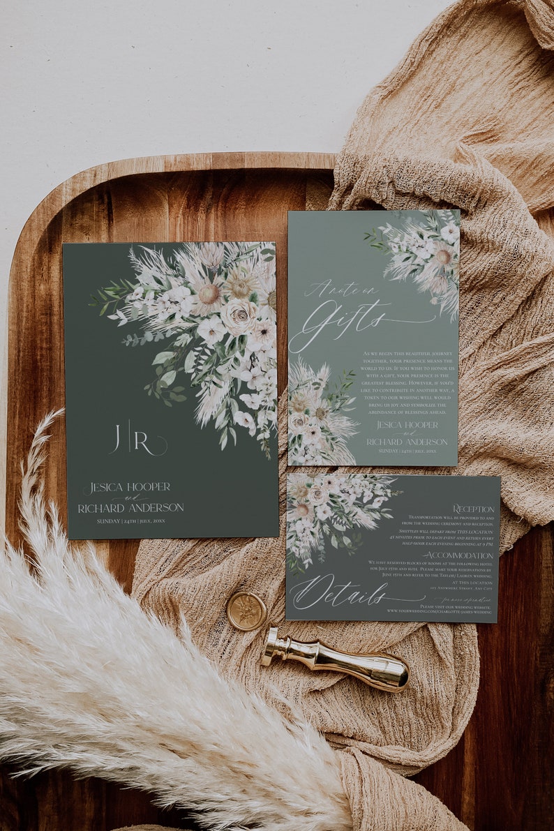 May include: A set of three wedding invitation cards with a green background and white floral designs. The cards include the text "Anstoon Gifts", "Jesica Hooper and Richard Anderson", "Reception" and "Details".
