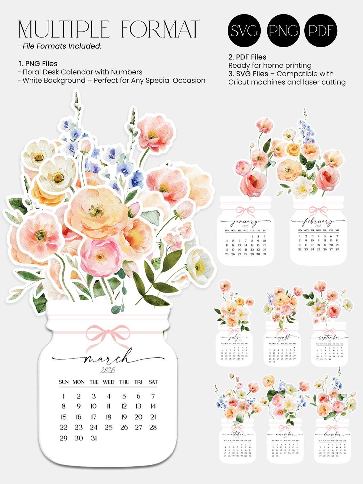 2027 2028 Printable Floral Desk Calendar SVG/PNG/PDF | Watercolor ...