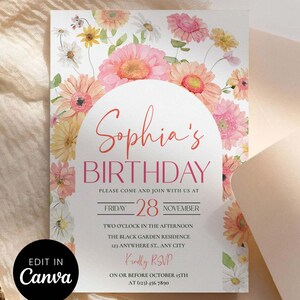 Op de afbeelding: Een verjaardagsuitnodiging met een bloemenontwerp met roze, gele en witte bloemen. De uitnodiging bevat de tekst "Sophia's BIRTHDAY" in een roze scriptlettertype, samen met evenementdetails en een "Edit in Canva" logo.