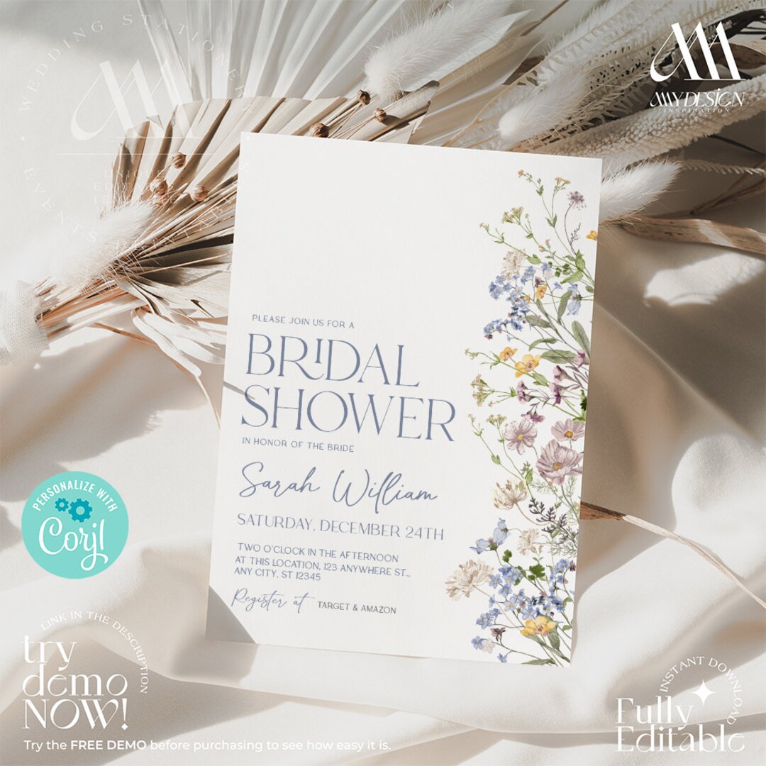 Wildflower Bridal Shower Invitation Template: Editable Floral Brunch ...