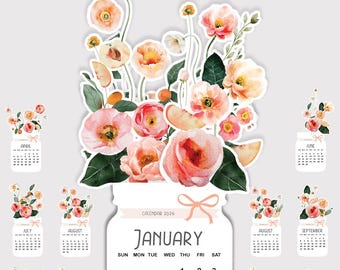 May include: A desk calendar with a citrus and floral design. The calendar features a large floral arrangement in a mason jar, with individual monthly calendars below. The text "CITRUS & FLORAL DESK CALENDAR" is at the top.