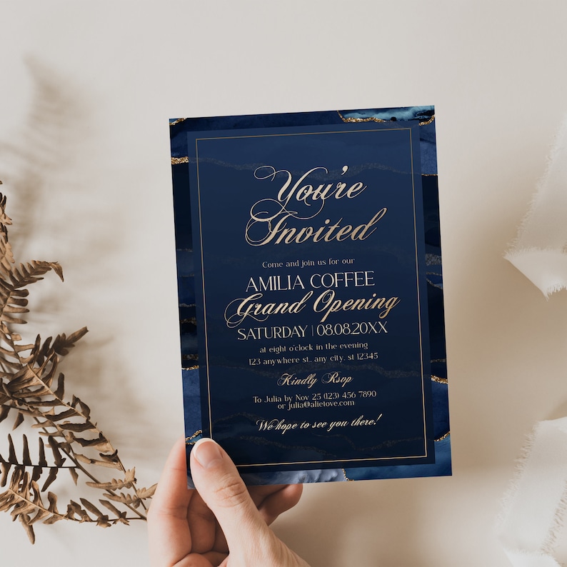 Grand Opening Invitation editable template, Business invitation, Launch Party digital invitation, We're open Invite Navy Blue Gold