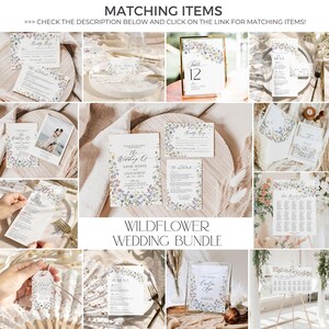 May include: A wedding invitation suite with a wildflower theme. The suite includes an invitation, RSVP card, table number card, menu card, and a seating chart. The cards are decorated with watercolor wildflowers in shades of blue, purple, and pink.