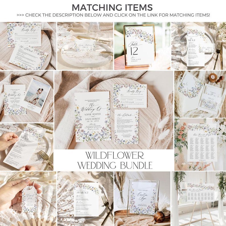 May include: A wedding invitation suite with a wildflower theme. The suite includes an invitation, RSVP card, table number card, menu card, and a seating chart. The cards are decorated with watercolor wildflowers in shades of blue, purple, and pink.