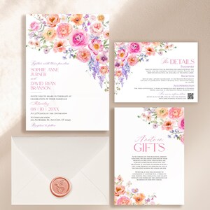 May include: A wedding invitation suite featuring watercolor floral arrangements in pink, orange, and purple. The set includes a main invitation for Sophie Anne Jurner and David Ryan Branson, a details card, a gift note card, and a white envelope with a wax seal.