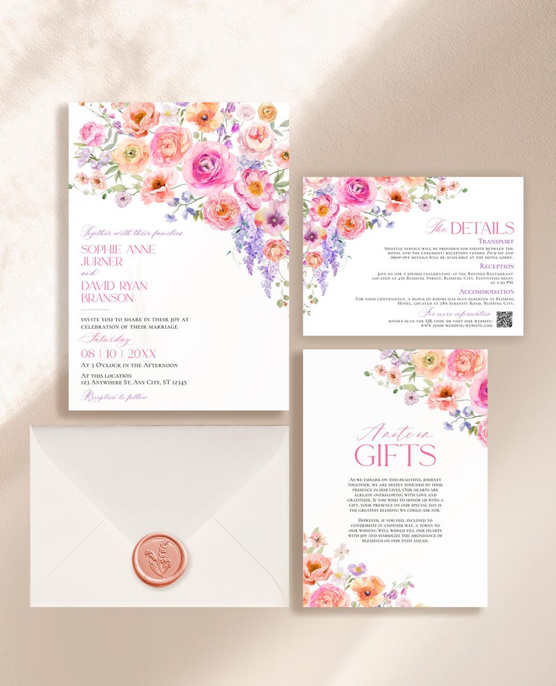 May include: A wedding invitation suite featuring watercolor floral arrangements in pink, orange, and purple. The set includes a main invitation for Sophie Anne Jurner and David Ryan Branson, a details card, a gift note card, and a white envelope with a wax seal.