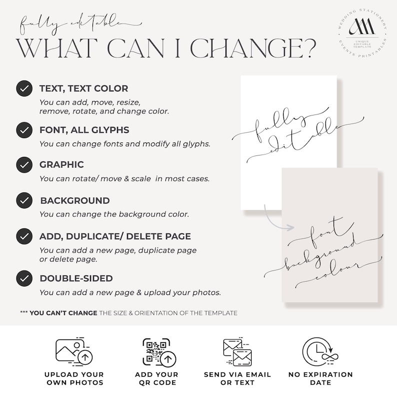May include: A beige and white graphic with text that reads "WHAT CAN I CHANGE?" and details about editing text, fonts, graphics, and background. Includes icons for uploading photos, adding a QR code, and sending via email.