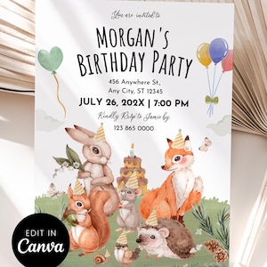 Op de afbeelding: Een verjaardagsuitnodiging met bosdieren, ballonnen en de tekst "MORGAN'S BIRTHDAY PARTY." De uitnodiging bevat de datum, tijd en RSVP-informatie. Het ontwerp heeft een grillige stijl met een "Edit in Canva"-logo.