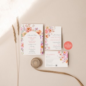 Colorful Flowers Wedding Invitation Template Editable, Spring Wedding Invitation Cards, Bright Wedding Invitation Suite Template E101