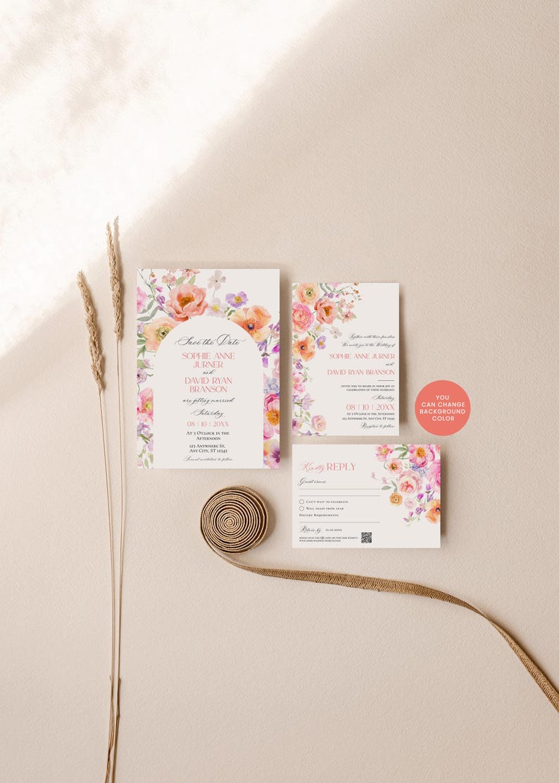 Colorful Flowers Wedding Invitation Template Editable, Spring Wedding Invitation Cards, Bright Wedding Invitation Suite Template E101