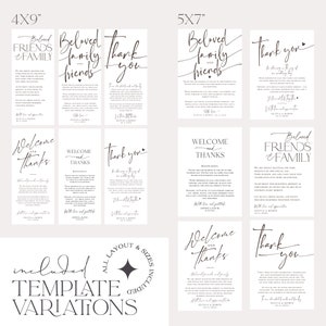 May include: A set of printable wedding templates in two sizes, 4x9 inches and 5x7 inches. The templates feature different designs for welcome, thank you, and beloved friends and family messages. The text includes the words "Welcome and Thanks", "Thank You", "Beloved Family and Friends", and "Beloved Friends and Family".