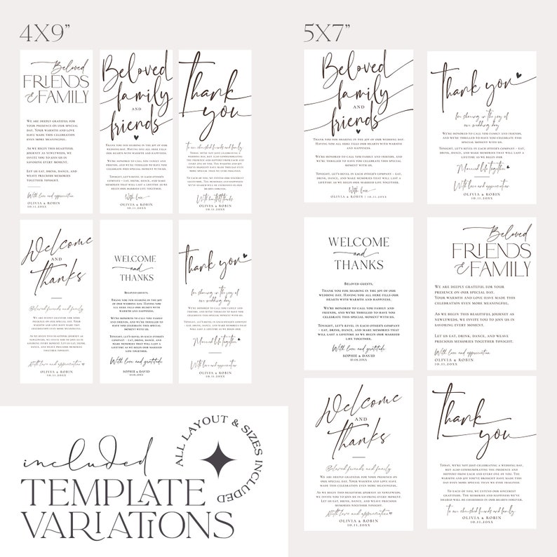 May include: A set of printable wedding templates in two sizes, 4x9 inches and 5x7 inches. The templates feature different designs for welcome, thank you, and beloved friends and family messages. The text includes the words "Welcome and Thanks", "Thank You", "Beloved Family and Friends", and "Beloved Friends and Family".