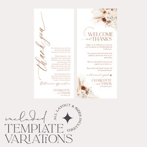 May include: Two vertical white wedding thank you cards featuring copper-coloured text and floral illustrations. The cards include the text Welcome and Thanks, Charlotte and Jason, 27th June 20XX, and a message of gratitude. The text Included Template Variations is below.