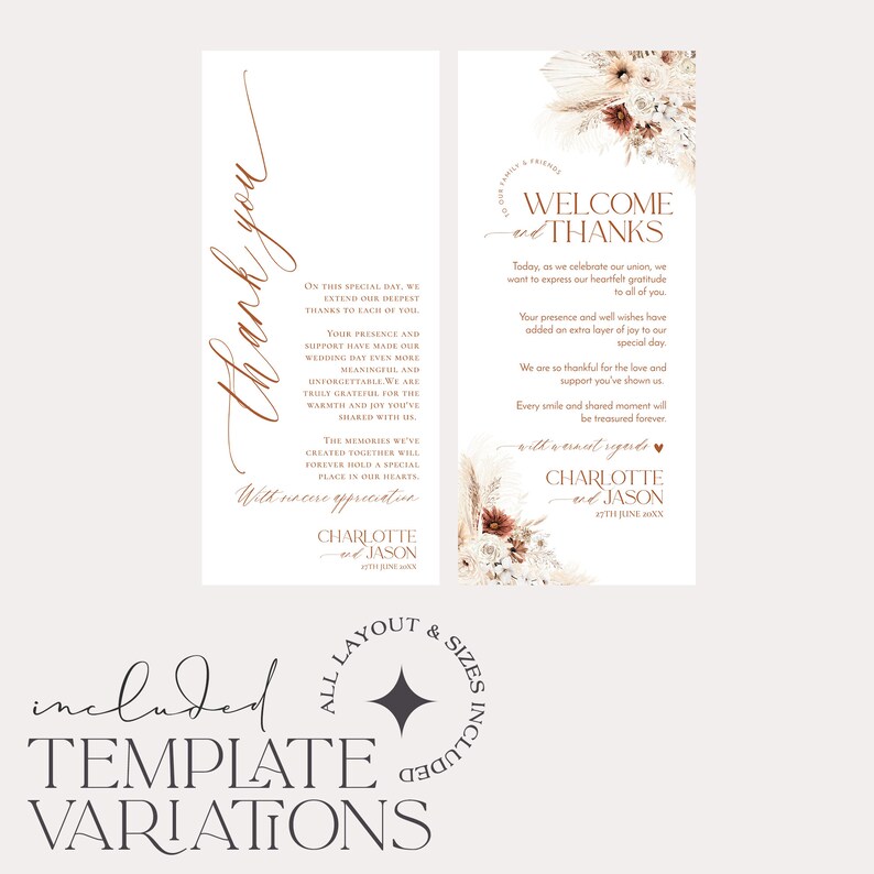 May include: Two vertical white wedding thank you cards featuring copper-coloured text and floral illustrations. The cards include the text Welcome and Thanks, Charlotte and Jason, 27th June 20XX, and a message of gratitude. The text Included Template Variations is below.