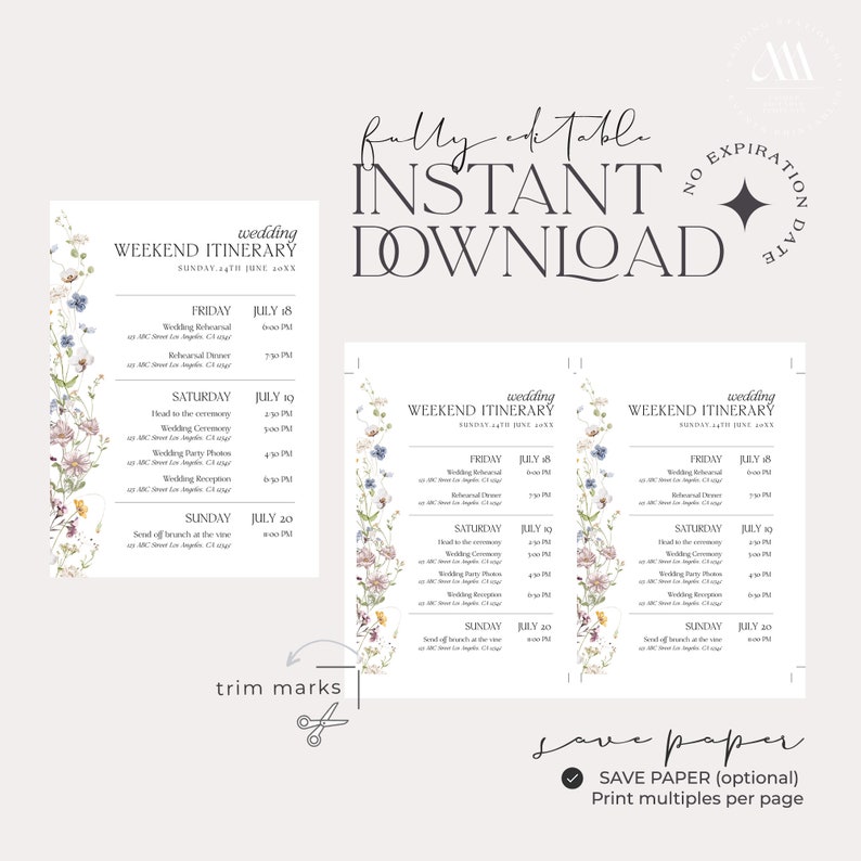 Wildflower Wedding Itinerary Template, Wedding Weekend Itinerary Template, Welcome Bag Template D002 image 7