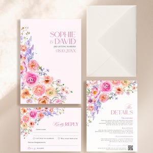 May include: A wedding invitation suite featuring a pale pink background with watercolor floral arrangements in shades of pink, orange, and purple. The text includes Sophie & David, Kindly Reply, and The Details, alongside a white envelope.