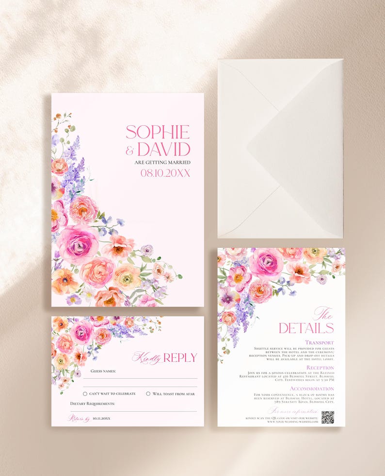 May include: A wedding invitation suite featuring a pale pink background with watercolor floral arrangements in shades of pink, orange, and purple. The text includes Sophie & David, Kindly Reply, and The Details, alongside a white envelope.