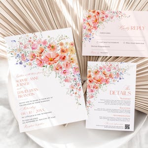 Bright Wedding Invitation Set, Colorful Flowers Wedding Invitation Template Editable, Peach Orange Wedding Invitation Cards E113