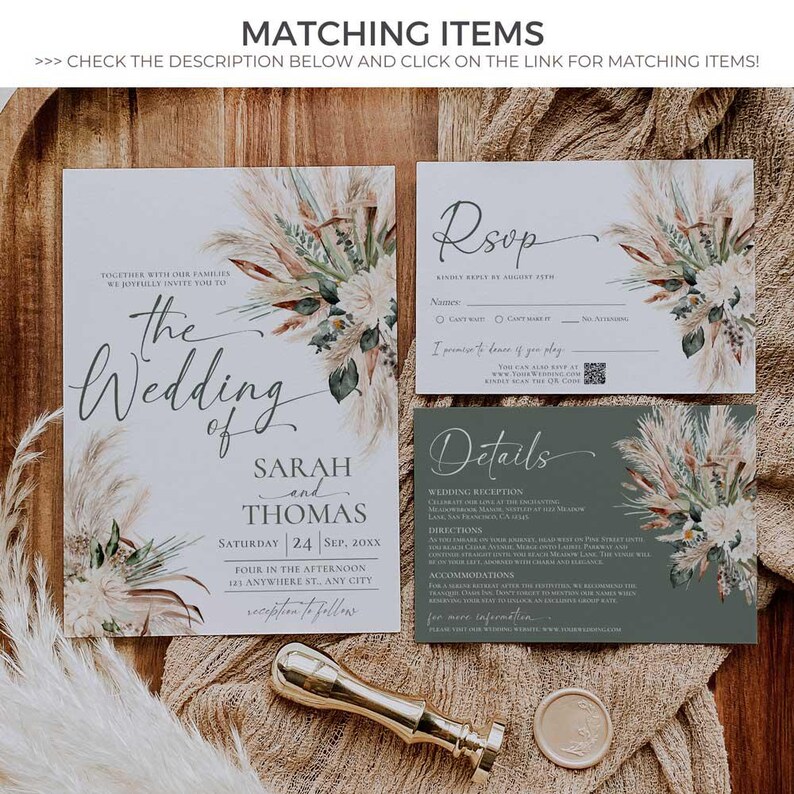 May include: A wedding invitation suite featuring a main invitation, an RSVP card, and a details card, all decorated with pampas grass and floral illustrations. The text includes names Sarah and Thomas, dates, and event information.
