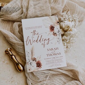 Boho Wedding Invitation Card Template, Terracotta Wedding Invite Template, Editable Fall Wedding Invite Cards Printable Pampas grass D021