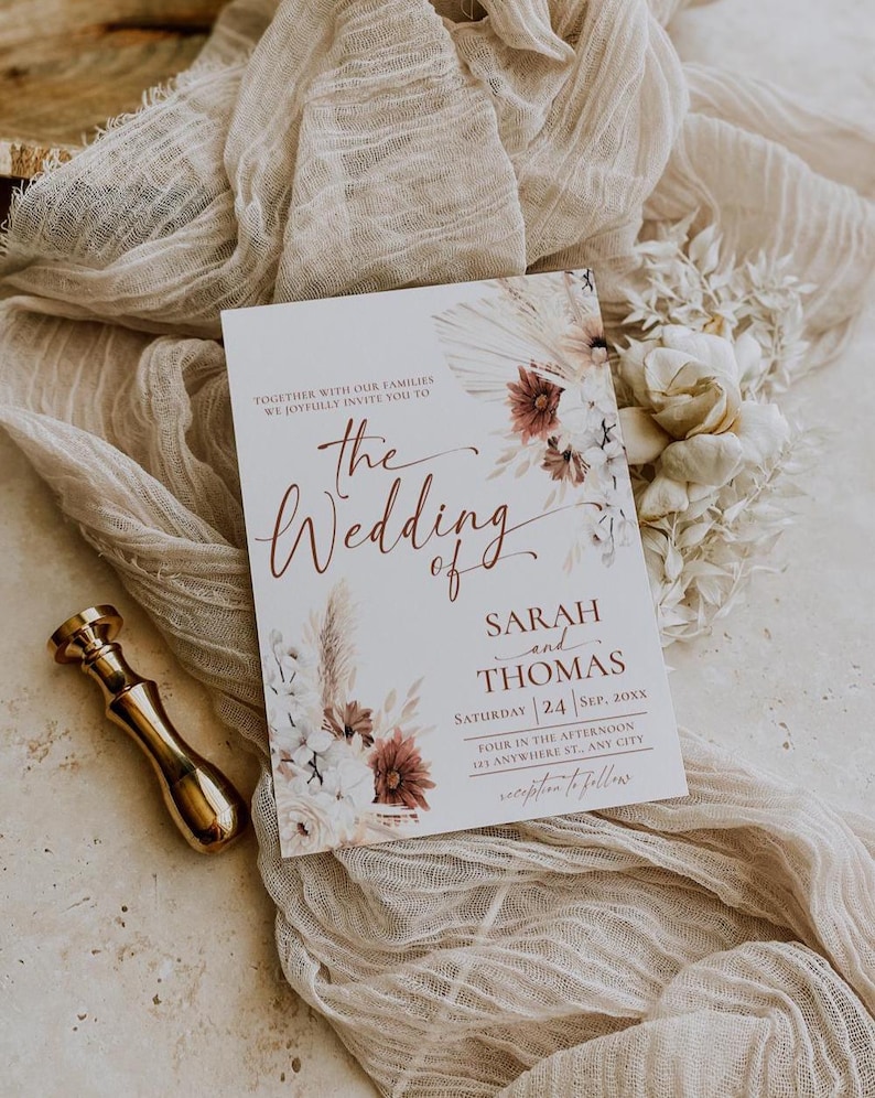 Boho Wedding Invitation Card Template, Terracotta Wedding Invite Template, Editable Fall Wedding Invite Cards Printable Pampas grass D021