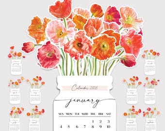 May include: A desk calendar with a floral design, showcasing a bouquet of orange, red, and pink poppies in a mason jar. The calendar includes the text "VIBRANT POPPY DESK CALENDAR" and the month of January 2026, with individual month calendars.