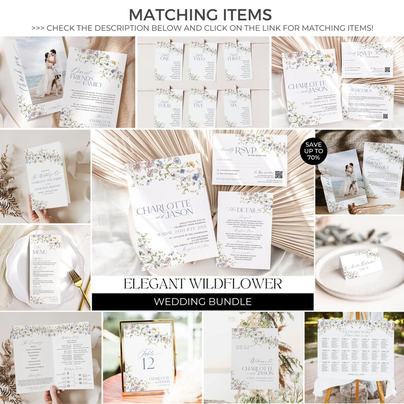 May include: A wedding invitation suite with a floral design. The suite includes a save the date card, invitation, RSVP card, and details card. The cards are all white with a watercolor floral design in shades of blue, purple, and pink. The text on the cards is in a modern calligraphy font. The suite also includes a table number card, a welcome sign, and a seating chart. The table number card is a white card with a floral design and the number 12. The welcome sign is a white sign with a floral design and the text "Welcome to Charlotte and Jason's Wedding". The seating chart is a white chart with a floral design and the names of the guests.