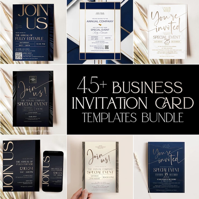 Business invitation template bundle with over 45 editable dinner party and corporate event cards, customizable anniversary invitations, elegant modern design, editable in Corjl, upload logo, add QR code, change background color, printable or digital use
