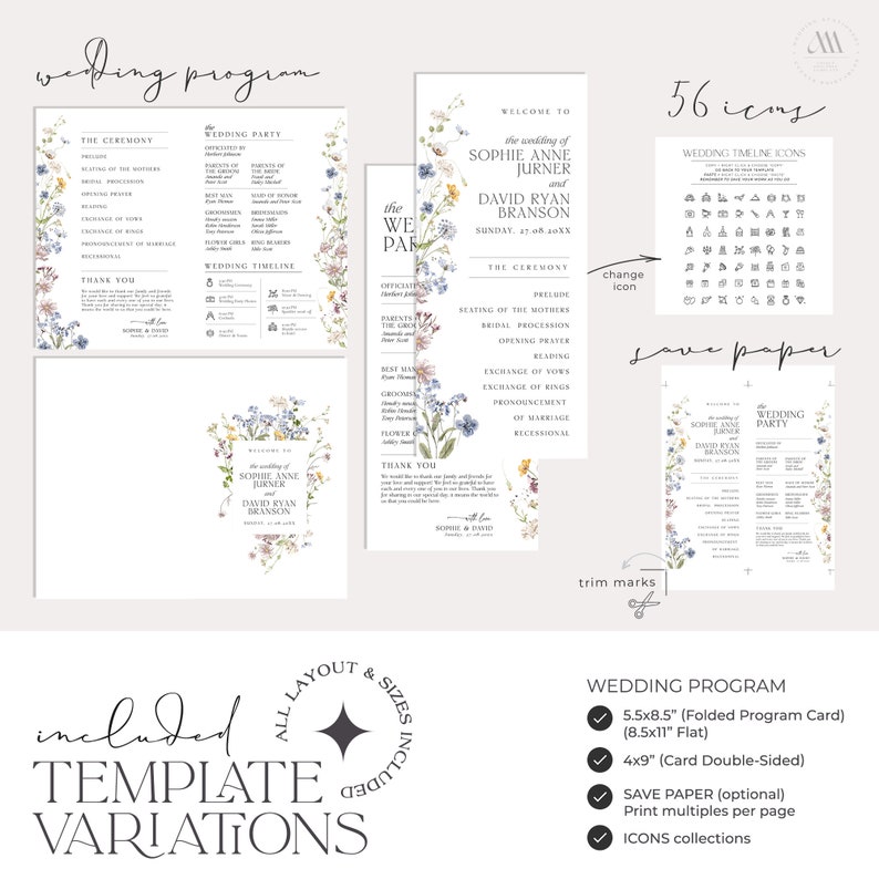 Printable Catholic wedding ceremony program with minimalist wildflower style, A4 and US letter folded booklet and 4x9” flat card.