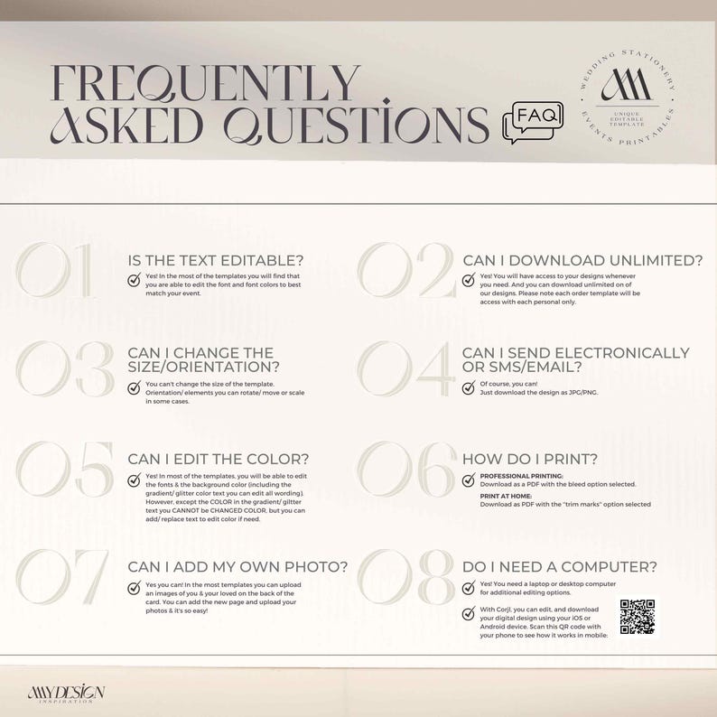 May include: A white and gray graphic with frequently asked questions about wedding stationery templates. The graphic features a checkmark next to each answer, indicating that the answer is yes. The graphic also includes a QR code.